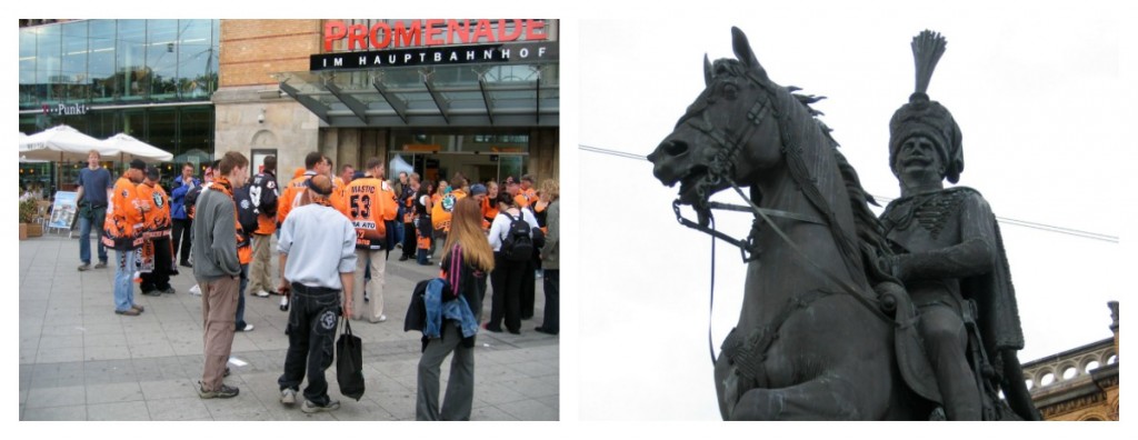 At the Berlin Station: A group of Skoda fans in their Jackets. Statue of Ernst August, King of Hannover right out the front door.